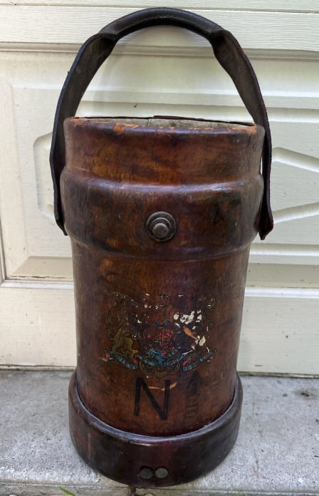 Antique English Leather Fire Bucket w Coat of Arms (1 of 5)