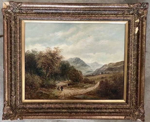 Framed English School Pastoral Landscape Scene: Framed English School Pastoral Landscape Scene. Appears to be a paint enhanced giclee type print on canvas. Measures approximately 20 x 24 inches in including frame. One of two in this auction.