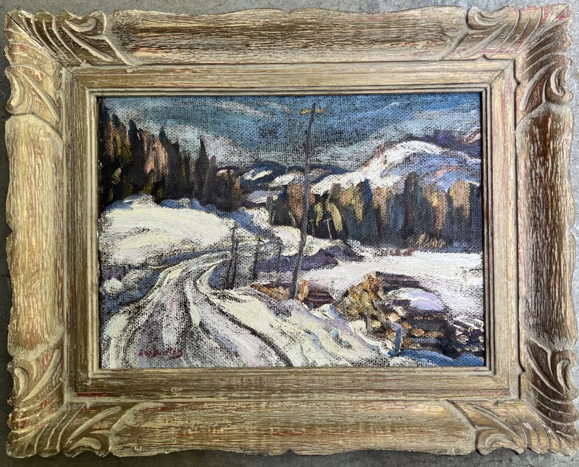Mid Century Original Snow Scene Painting in Frame: Mid Century Original Snow Scene Painting in Frame. Signed illegibly bottom corner. Nice carved wood frame. Measures approximately 15 x 19 inches.