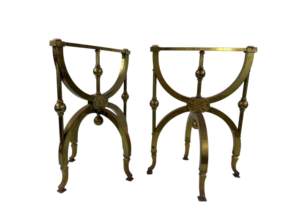 Antique 1900 Brass Funeral Home Casket Stand: Antique Circa 1900 Brass Funeral Home Casket Stand. Pair of gilt brass coffin stands. Each measures approximately 21.5 inches in height, 15.75 inches in width and 14 inches in depth.