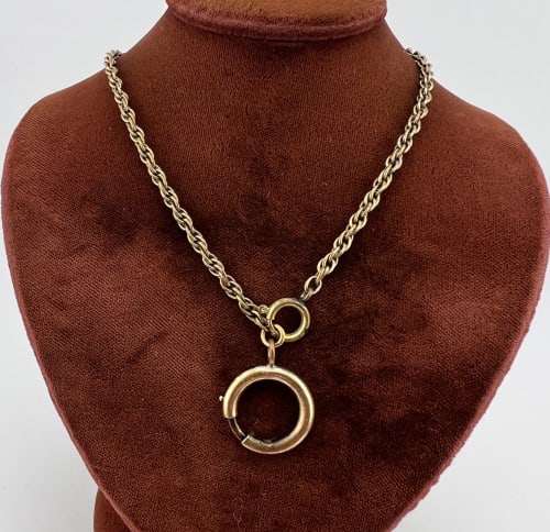 Antique Rope Chain Necklace w Large Spring Ring: Antique Rope Chain Necklace w Large Spring Ring. Gold filled worn through to brass tone metal. Chain measures 16 inches in length.