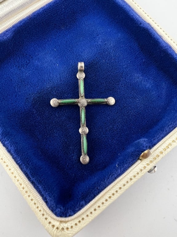 Native American Sterling & Turquoise Cross Pendant: Native American Sterling & Turquoise Cross Pendant Sterling silver and bezel set turquoise cross necklace pendant. Measures 1.75 inches in length.