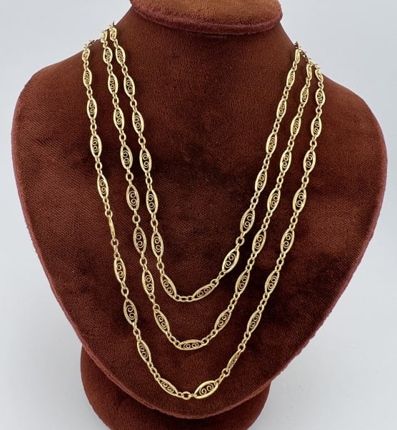 Three Vintage Ornate Filigree Gold Filled Necklace: Three Vintage Ornate Filigree Gold Filled Necklaces. These measures 16 and 18 inches in length. New old stock from a recently acquired collection of a closed store.