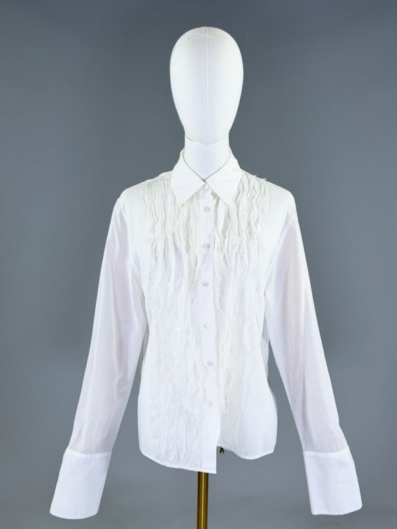 Vintage 2000s Burberry London Cotton Tuxedo Shirt: Vintage 2000s Burberry London Cotton Tuxedo Shirt having ruffled tuxedo shirt detail at front with button front closure. Labeled Burberry London, marked size US 10. Measuring 42 inch bust, 26 inches l