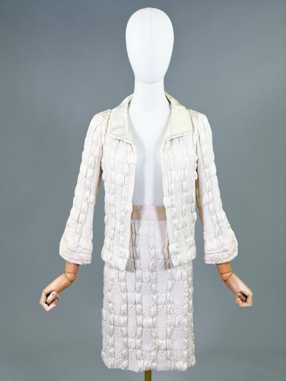Vintage 1960s Chanel Couture Silk Skirt Suit Set: Vintage 1960s Chanel Couture Silk Skirt Suit Set having jacket with open front, labeled CHANEL Made in France with couture client number 28246 & skirt closing with hooks. Jacket measuring open bust & 