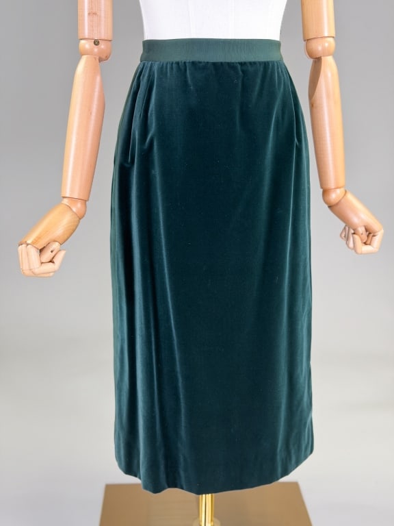 Vintage 1980s Chanel Velvet Tuxedo Stripe Skirt: Vintage 1980s Chanel Velvet Tuxedo Stripe Skirt having grosgrain ribbon waistband and tuxedo stripes down side with pockets and center back zip closure, fully lined throughout. Labeled Chanel Creation