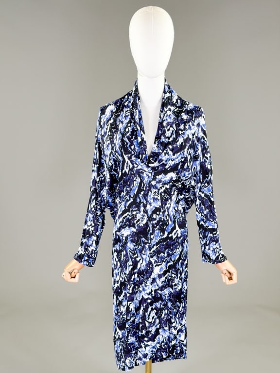Vintage Balenciaga Jersey Knit Printed Dress: Vintage Balenciaga Jersey Knit Printed Dress having cowl neck and dolman sleeves, with stretch throughout. Labeled Balenciaga Paris. Measuring free bust, 32-42 inch waist 37 inches long, 20 inch sleev