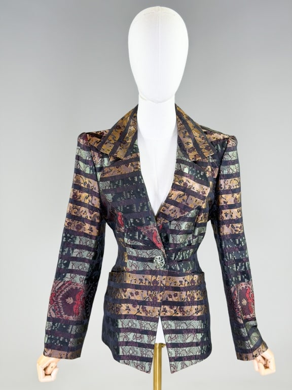 Vintage 1990s Christian Lacroix Brocade Blazer: Vintage 1990s Christian Lacroix Brocade Blazer having notched lapel collar with single breasted button front closure and two front pockets, fully lined. Labeled Christian Lacroix, marked size 42. Meas