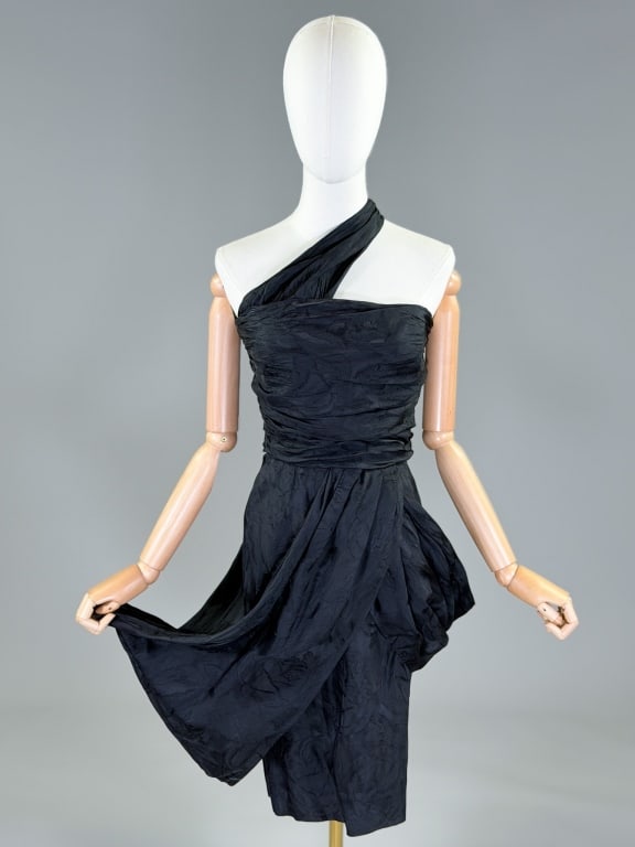 Vintage 1980s Jeanne Lanvin Floral Draped Dress: Vintage 1980s Jeanne Lanvin Floral Draped Dress having draped details throughout with one shoulder tie & side zip closure. Labeled Lanvin Paris - marked size 40. Measuring 32 inch bust, 26 inch waist,