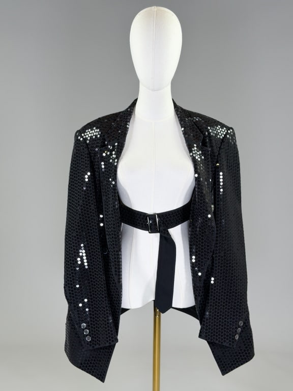 Junya Watanabe Comme des Garcons Blazer Cape: Junya Watanabe Comme des Garcons Sequin Blazer Jacket Cape having notched lapel collar with inner belt strap closure, non functional buttons at front with three welt pockets, fully lined. Sleeves are 