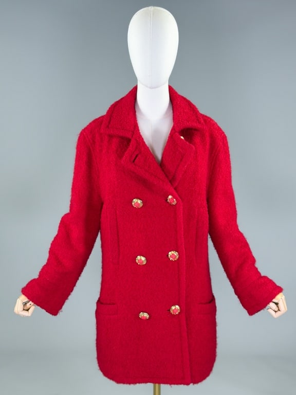 Vintage 1990s Versace Jeans Couture Wool Coat: Vintage 1990s Versace Jeans Couture Boucle Wool Coat having collar at neck with double breasted button front closure and four front welt pockets, fully lined with a quilted satin lining. Measuring 42 
