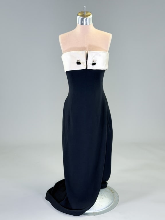 Vintage 1992 Giorgio Armani Crepe Tuxedo Gown: Vintage 1992 Giorgio Armani Strapless Silk Crepe Tuxedo Gown Dress having silk satin band at top with button detail and built in boned corset at interior, closing with zip at side and snaps around bus
