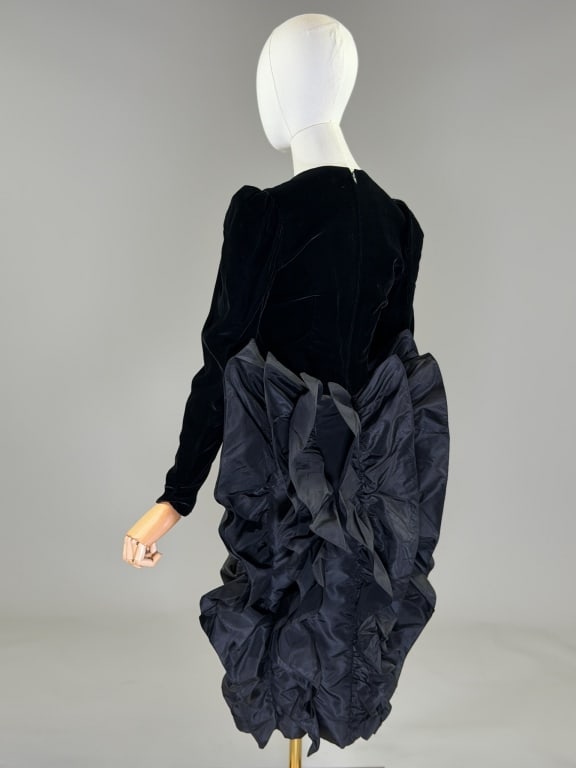 Vintage 1980s Givenchy Velvet Cocktail Dress: Vintage 1980s Givenchy Velvet & Taffeta Cocktail Dress having rounded neckline, long sleeves, and ruched hobble skirt, closing at center back with zip. Labeled Givenchy Nouvelle Boutique - marked size