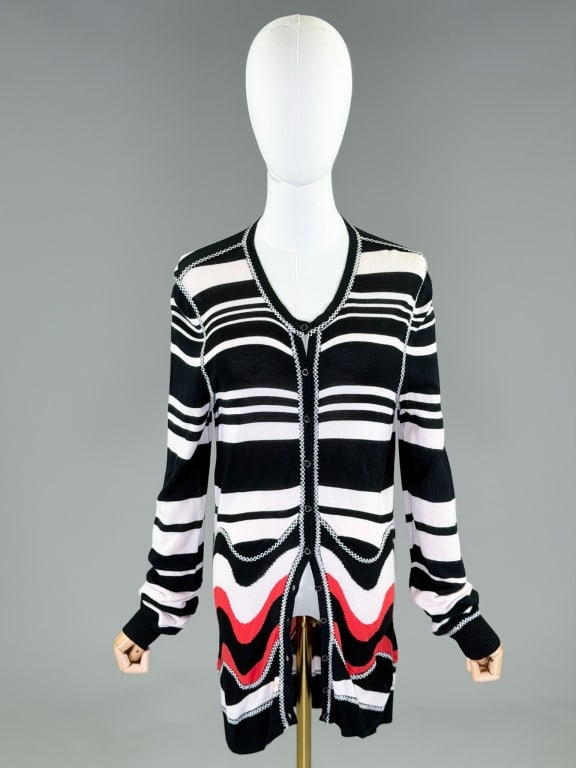 Vintage 2000s Christian Lacroix Cardigan Sweater: Vintage 2000s Christian Lacroix Cardigan Sweater having stripe design throughout with button front closure. Labeled Christian Lacroix, marked size 40. Measuring 36-40 inch bust, 28-34 inch waist, 32 i
