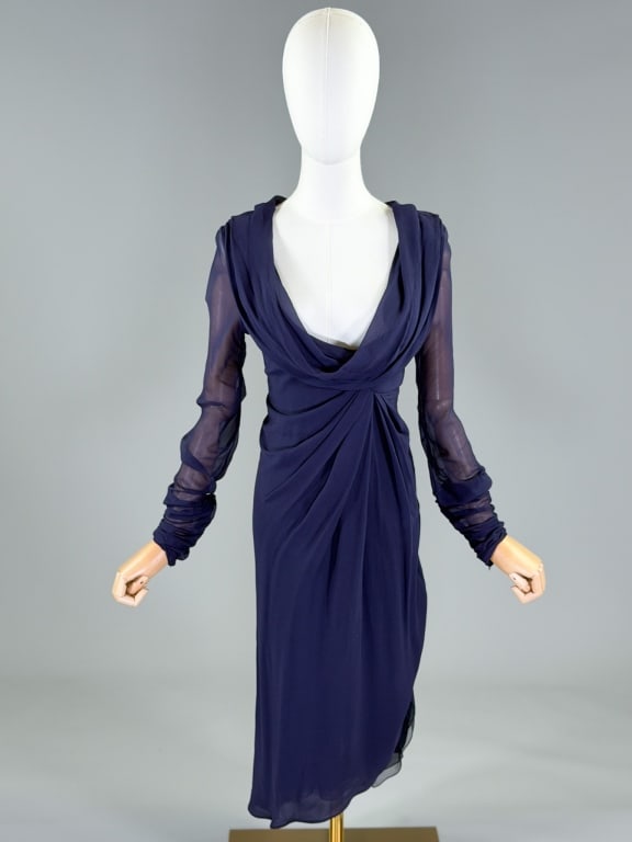 Vintage Valentino Silk Chiffon Draped Dress: Vintage Valentino Silk Chiffon Draped Dress having draped scoop neckline with long sleeves and center back zip closure. Labeled Valentino Made in Italy - marked size 6. Measuring 32 - 36 inch bust, 28
