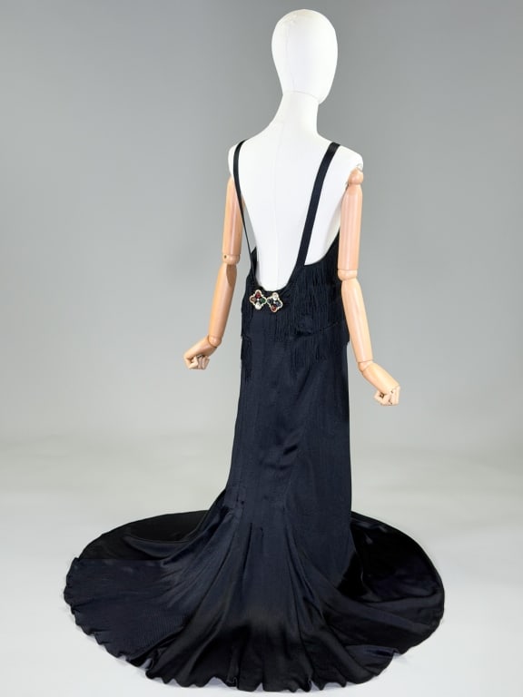 Vintage 1930s Rayon Satin Fringe Evening Gown: Vintage 1930s Rayon Satin Fringe Evening Gown having rows of fringe through bodice with low back and rhinestone buckle at back waist, bias cut throughout with stretch. Measuring 32 - 40 inch bust, 24 