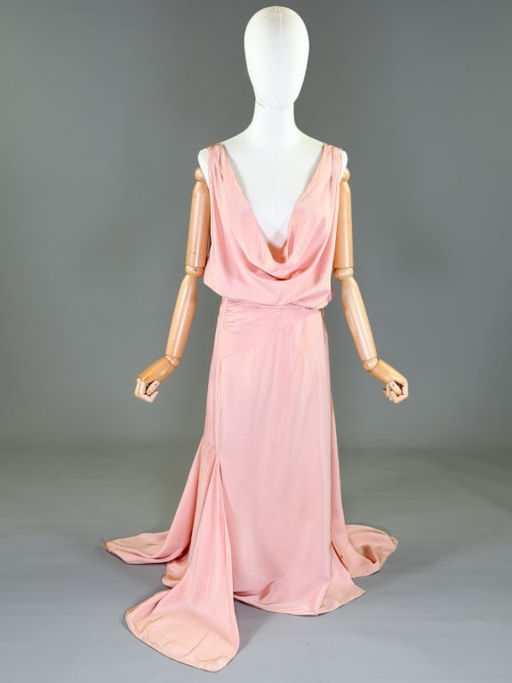 Vintage 1930s Jean Patou Couture Silk Evening Gown: Vintage 1930s Jean Patou Couture Silk Evening Gown having draped details throughout with side snap and hook closures. Measuring 32-40 inch bust, 26-28 inch waist, 60 inches long. General wear as shown