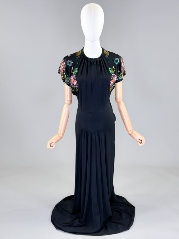 Vintage 1940s Crepe Floral Sequin Evening Gown (1 of 11)