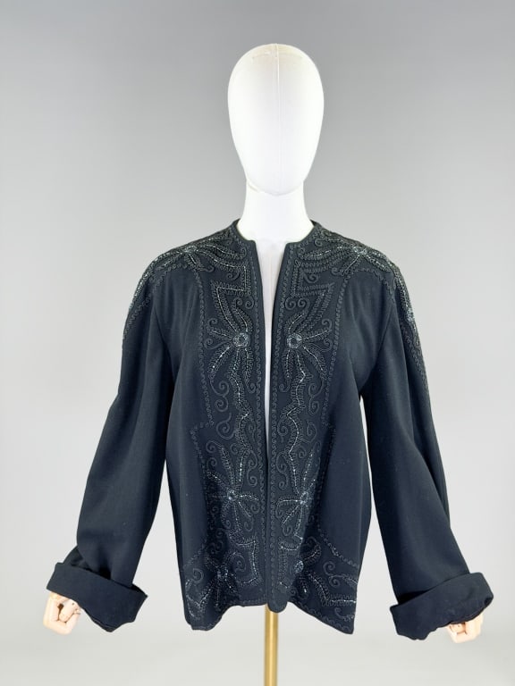 Vintage 1940s Wool Soutache Beaded Swing Coat: Vintage 1940s Wool Soutache Beaded Swing Coat having open front. Measuring 26 inches long, 24 inch sleeve length. From the lifetime collection, fashion archive and business inventory of collector and 