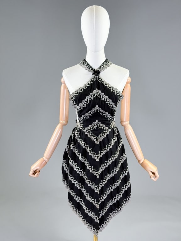 Vintage 1950s Embroidered Rhinestone Apron Top: Vintage 1950s Embroidered Rhinestone Apron Top having embroidery throughout with prong set rhinestones. One size fits most, ties in back. Measuring approximately 46 inches total length. From the lifet