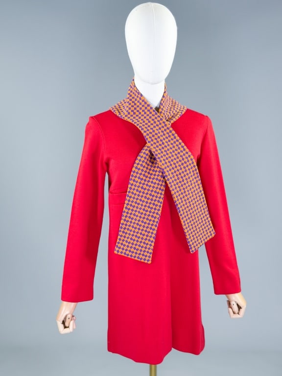 Vintage 1960s Rudi Gernreich Mod Knit Mini Dress: Vintage 1960s Rudi Gernreich Mod Knit Mini Dress having checkerboard tie at neck with rounded neckline, center back zip closure, and single welt pocket at chest. Labeled Rudi Gernreich Design for Harm