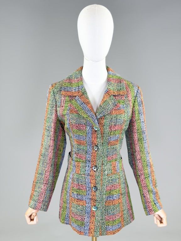 Vintage 1960s Rainbow Woven Blazer Jacket: Vintage 1960s Rainbow Woven Blazer Jacket having notched lapel collar with single breasted button front closure and belted detail at waist. Measuring 38 inch bust, 34 inch waist, 28 inches long, 23 in