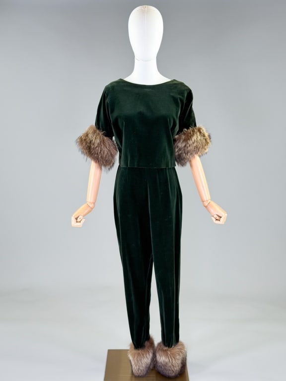 Vintage 1960s Velvet Fox Fur Trim Top & Pants Set (1 of 10)