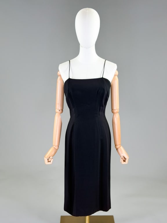 Vintage 1960s Mr. John Couturier Silk Black Dress: Vintage 1960s Mr. John Couturier Silk Black Dress having thin shoulder straps with center back zip closure, fitted throughout. Labeled Mr. John Couturier. Measuring 36 inch bust, 26 inch waist, 43 inc