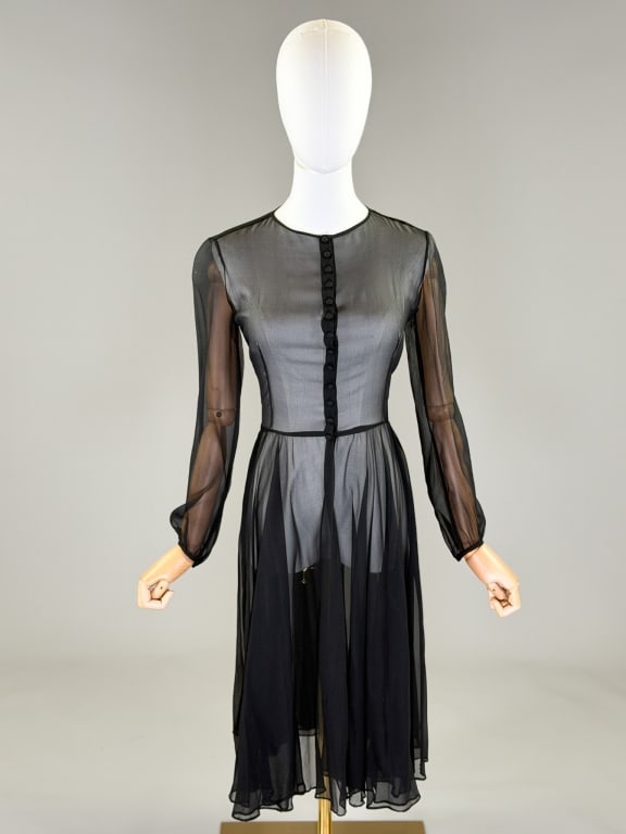 Vintage 1970s Silk Chiffon Button Front Dress: Vintage 1970s Silk Chiffon Button Front Dress having hook closure at front with non-functional buttons, open through front center seam in skirt from waist. Measuring 34 inch bust, 25 inch waist, 41 in