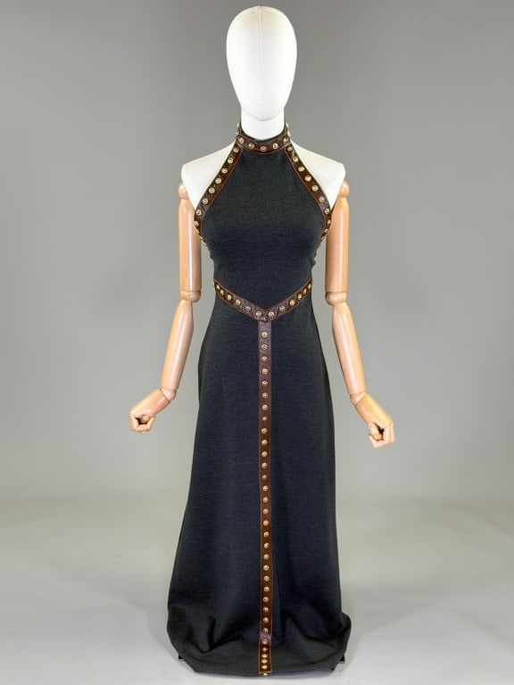Vintage 1970s Knit Halter Leather Studded Dress (1 of 10)