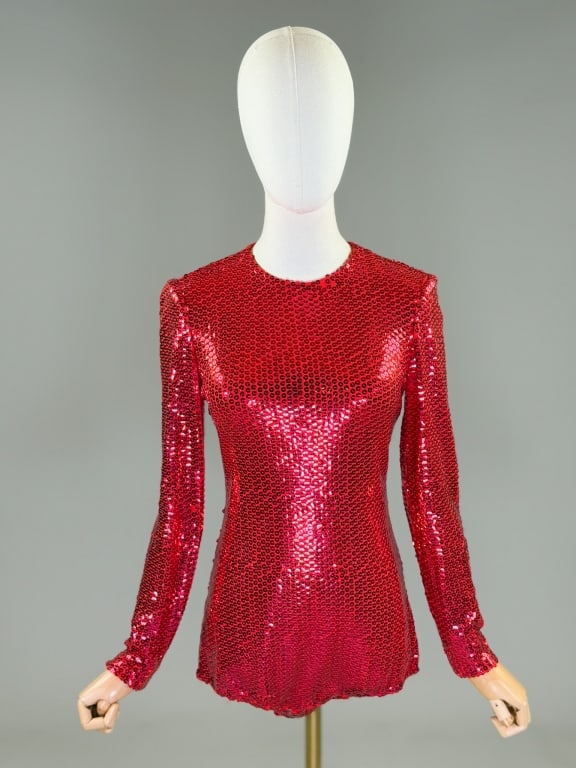 Vintage 1970s Red Sequin Knit Stretch Bodysuit (1 of 8)
