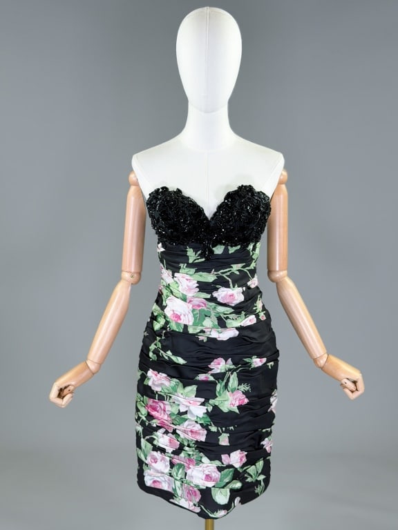 Vintage 1980s Hartly Westwood Beaded Floral Dress: Vintage 1980s Hartly Westwood Beaded Floral Dress having beaded bodice with ruched floral print skirt, built in bra, and center back zip closure. Labeled Hartly Westwood. Measuring 32 - 34 inch bust, 