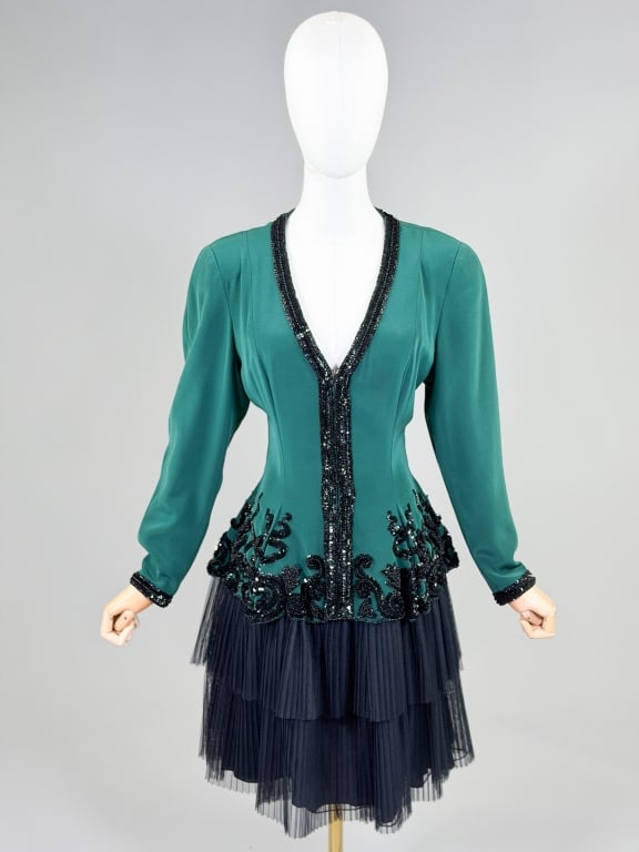 Vintage 1980s Fabrice Beaded Cocktail Dress: Vintage 1980s Fabrice Beaded Cocktail Dress having deep v-neckline with beaded details through bodice and pleated tiered net skirt, closing at front with zippers. Labeled Fabrice Silhouette - marked s