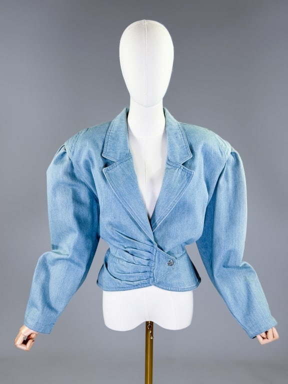 Vintage 1980s Louis Feraud Denim Blazer Jacket: Vintage 1980s Louis Feraud Denim Blazer Jacket having notched lapel collar with single button closure at front, fully lined throughout. Labeled Louis Feraud Paris - marked size 3. Measuring 44 inch bu