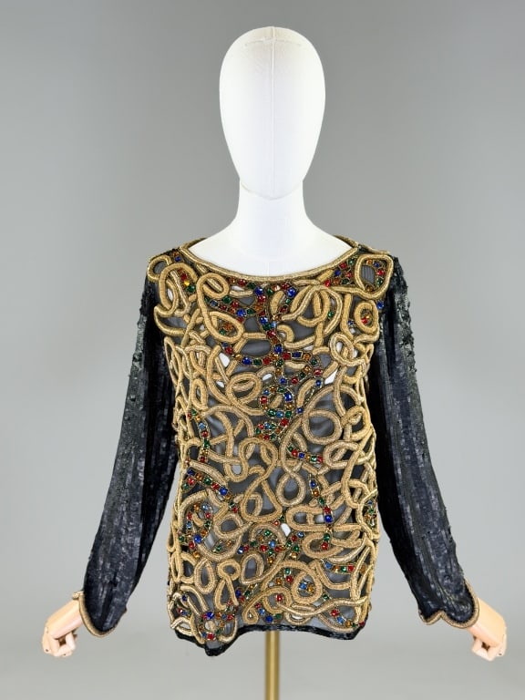 Vintage 1980s Embellished Rhinestone Sequin Blouse: Vintage 1980s Embellished Rhinestone Sequin Blouse having heavy embellishment throughout with boat neckline and long sleeves. Measuring 40 inch bust, 24 inches long, 24 inch sleeve length. From the li