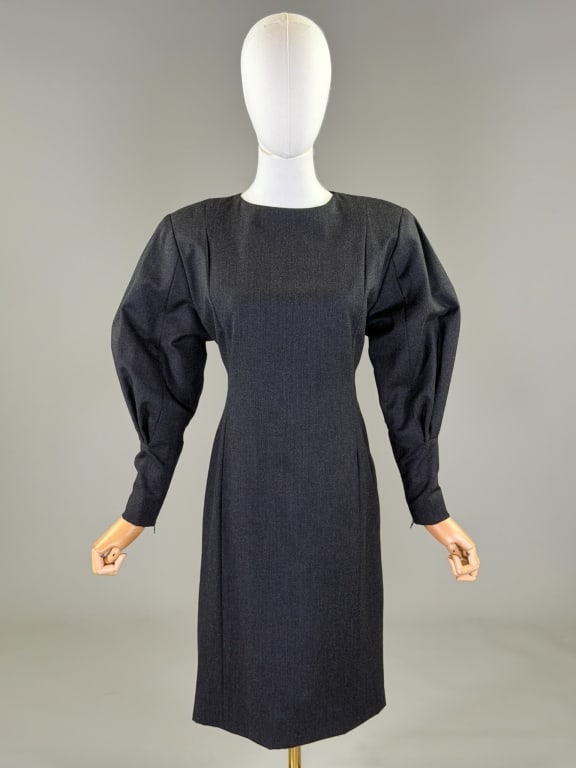 Vintage 1980s Galanos Wool Puff Sleeve Shift Dress: Vintage 1980s Galanos Wool Puff Sleeve Shift Dress having long puffed sleeves with center back zip closure, fully lined throughout. Labeled Galanos. Measuring 36 inch bust, 32 inch waist, 40 inches lo