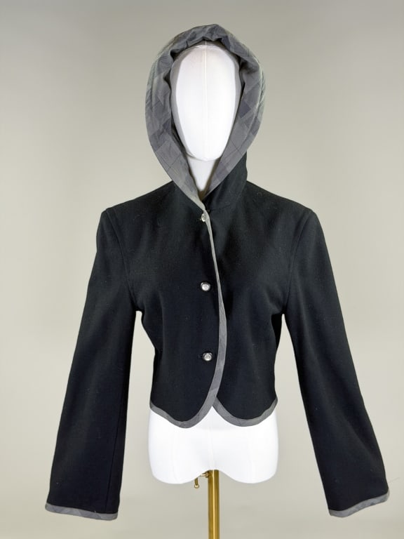 Vintage 1980s Matsuda Wool Hooded Crop Jacket: Vintage 1980s Matsuda Wool Hooded Crop Jacket having hood at neck with button front closure, fully lined throughout. Labeled Matsuda. Measuring 38 inch bust, 32 inch waist, 19 inches long, 24 inch sle