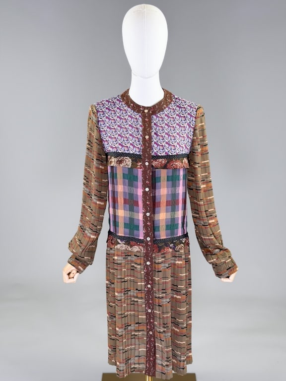 Vintage 1980s Koos Van Den Akker Collage Dress: Vintage 1980s Koos Van Den Akker Collage Dress having collarless neckline with button front closure and collage patterned fabric throughout. Labeled Koos Van Den Akker - marked size 6. Measuring 38 in
