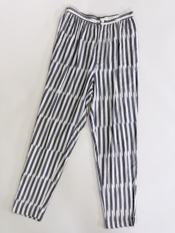 Vintage 1980s Issey Miyake Cotton Stripe Trousers: Vintage 1980s Issey Miyake Cotton Stripe Trousers Pants having zip front closure and side pockets. Labeled Issey Miyake - marked size 8. Measuring 26 inch waist, 13 inch rise, 29 inch inseam. From the