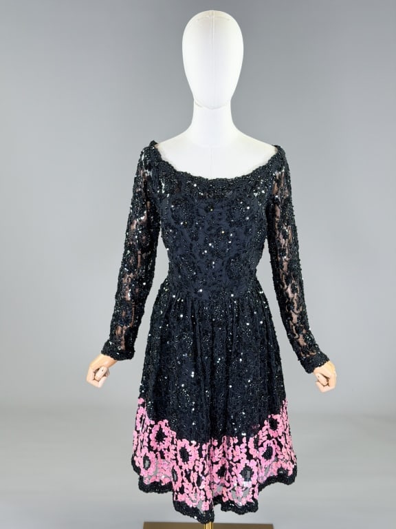 Vintage 1980s Bill Blass Sequin Cocktail Dress: Vintage 1980s Bill Blass Sequin Cocktail Dress having wide neckline with beaded sequin embellishments throughout and center back zip closure. Label removed but original tag attached labeled Bill Blass