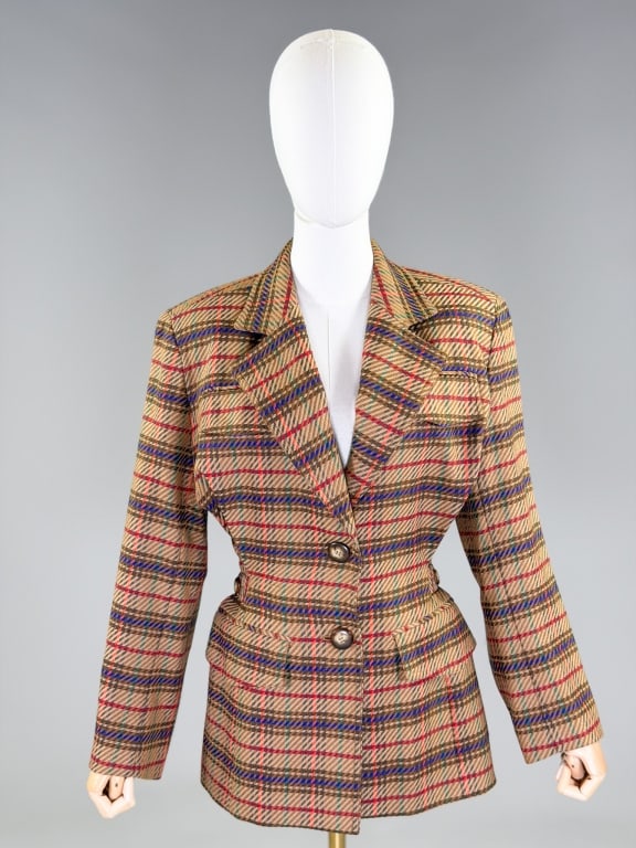Vintage 1980s Emanuel Ungaro Plaid Wool Blazer: Vintage 1980s Emanuel Ungaro Plaid Wool Blazer Jacket having notched lapel collar with single breasted button front closure, elastic button waist, and four front pockets, fully lined throughout. Label