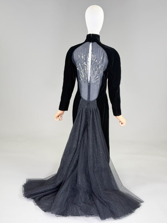 Vintage 1980s Bernard Perris Paris Velvet Gown: Vintage 1980s Bernard Perris Paris Velvet Gown having mock turtleneck neckline with embellished open back and bustle detail, closing at center back with zipper. Measuring 38-40 inch bust, 30 inch wais