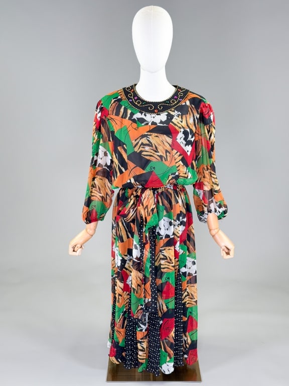 Vintage 1980s Diane Freis Chiffon Patchwork Dress (1 of 9)