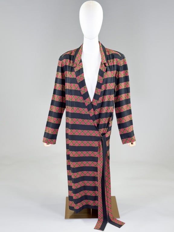 Vintage 1980s Silk Plaid Stripe Wrap Dress: Vintage 1980s Silk Plaid Stripe Wrap Dress having notched lapel collar, with drop waist style wrap closure. Marked size 12. Measuring 40 inch bust, 34 inch drop waist, 45 inches long, 24 inch sleeve l