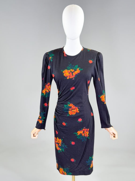 Vintage 1980s Emanuel Ungaro Knit Floral Dress: Vintage 1980s Emanuel Ungaro Knit Floral Dress having rounded neckline, ruched waist detail and center back zip closure. Labeled Ungaro TER. Marked size 30. Measuring 34-40 bust, 27-32 inch waist, 39 