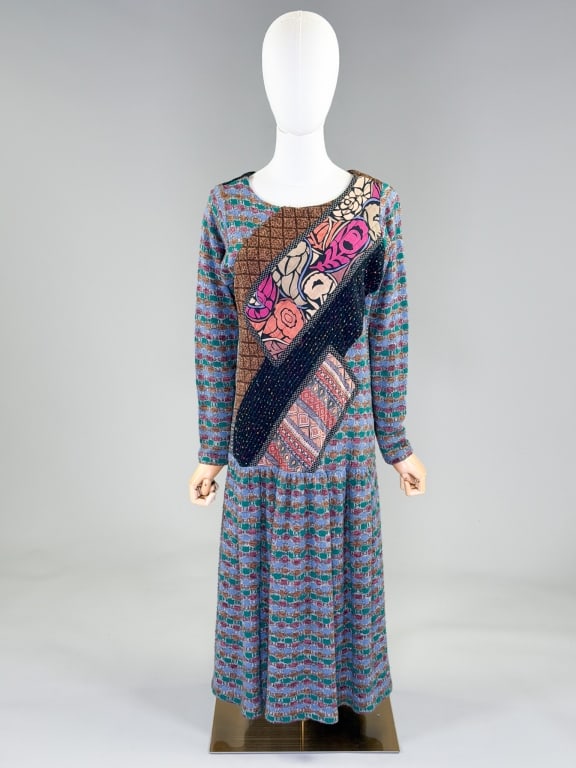 Vintage 1980s Koos Van Den Akker Patchwork Dress: Vintage1980s Koos Van Den Akker Patchwork Dress having a silk and wool knit patchwork throughout with ruched drop waist. Labeled Koos Koos Van Den Akker, marked size 8. Measuring 34-44 inch bust, 38-4