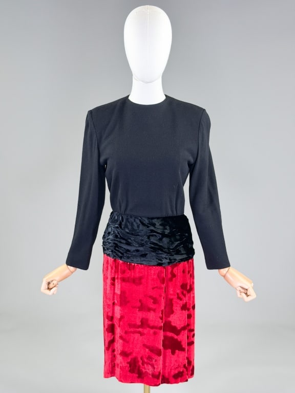 Vintage 1980s Drop Waist Knit Velvet Sweater Dress: Vintage 1980s Drop Waist Knit Velvet Sweater Dress having knit bodice with long sleeves and velver skirt, closing at center back with zip. Measuring 36-40 inch bust, 28 inch waist, 40 inches long, 22 