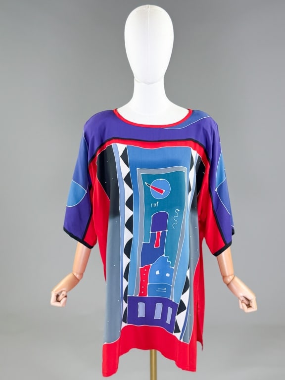 Vintage 1980s Silk Batik Print Shift Dress: Vintage 1980s Silk Batik Print Shift Dress having rounded neckline and box shape. Measuring 54 inch bust, 33 inches long, 14 inch sleeve length. From the lifetime collection, fashion archive and busin
