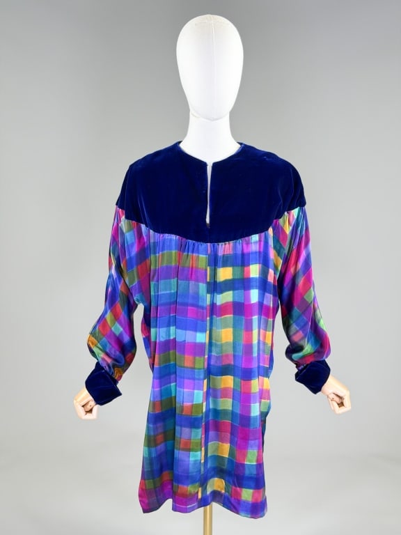 Vintage 1980s Michael Katz Silk Velvet Mini Dress: Vintage 1980s Michael Katz Silk Velvet Mini Dress having velvet yoke at neck with silk body, no closures, slides overhead. Labeled Michael Katz, marked size M. Measuring free bust and waist, 35 inches