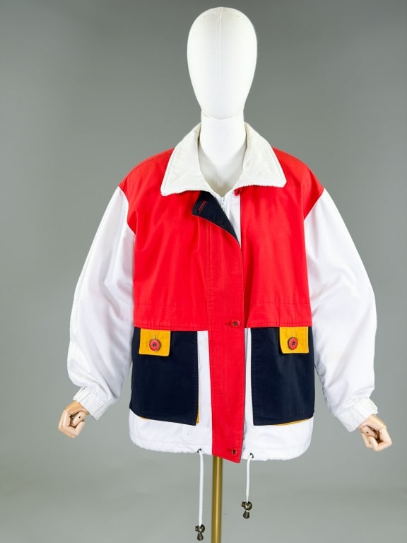 Vintage 1980s Misty Harbor Windbreaker Jacket: Vintage 1980s Misty Harbor Windbreaker Jacket having zip front closure with two front pockets and adjustable tie waist. Labeled Misty Harbor, marked size M. Measuring 48 inch chest, 46 inch waist, 28 